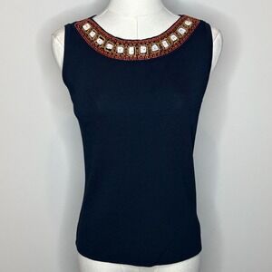 Vintage Joseph A. Black Sleeveless Knit Tank Top Womens Medium Beaded Mosaic